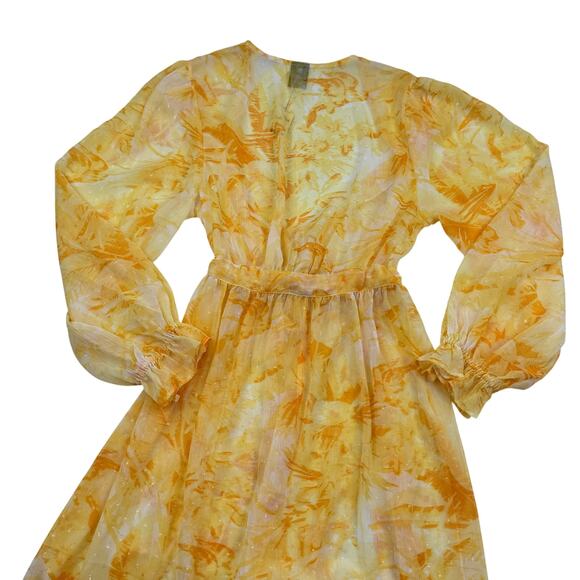 Express Abstract Watercolor Yellow Long Line Semi-Sheer Kimono Women's Size M/L - Picture 2 of 8